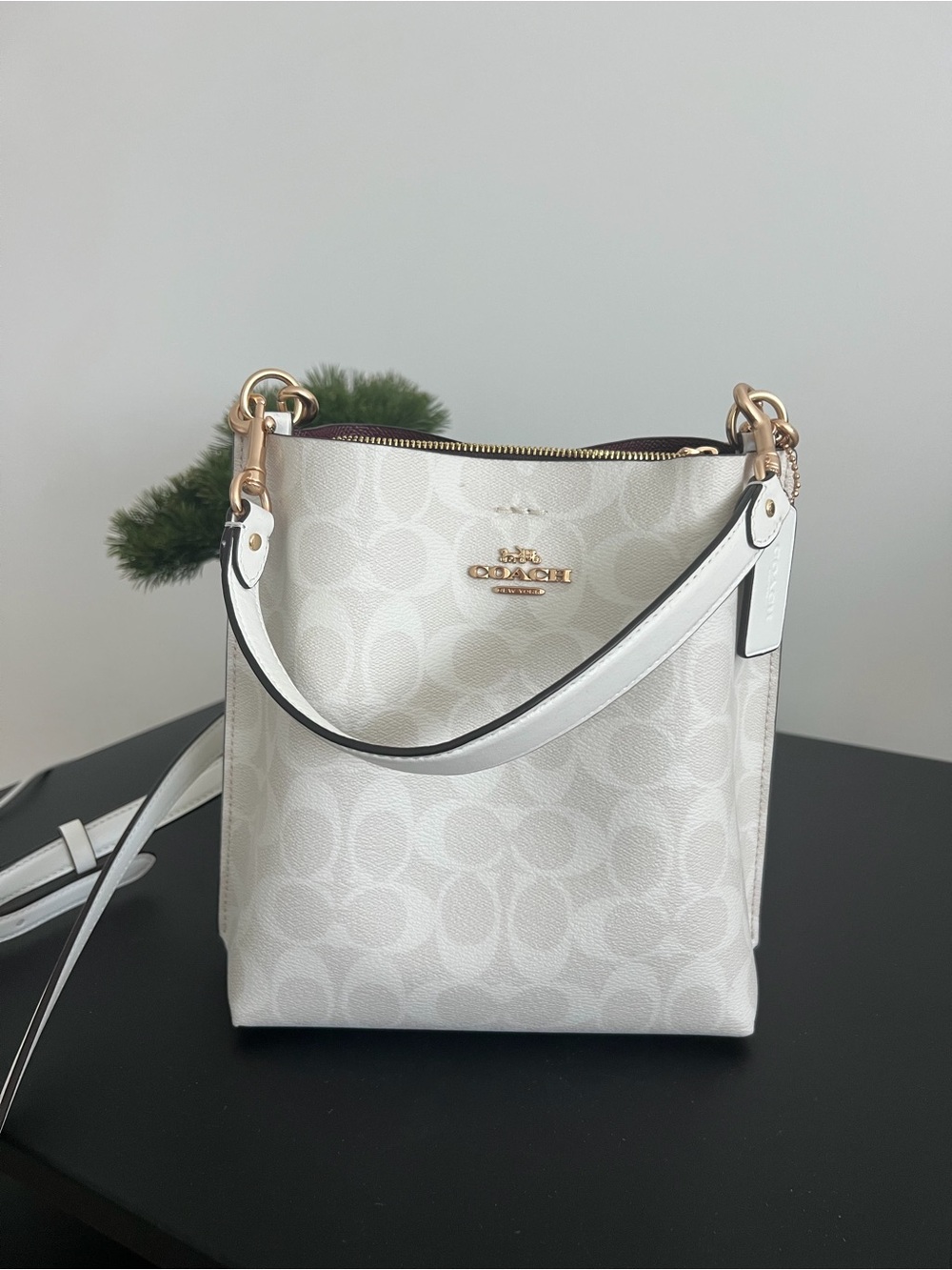 Coach Cream Signature Canvas Bucket Shoulder Bag with Gold Hardware